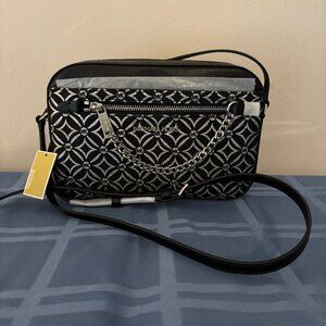 Michael Kors Jet Set Black Silver Chain Zipper Large Leather Crossbody New